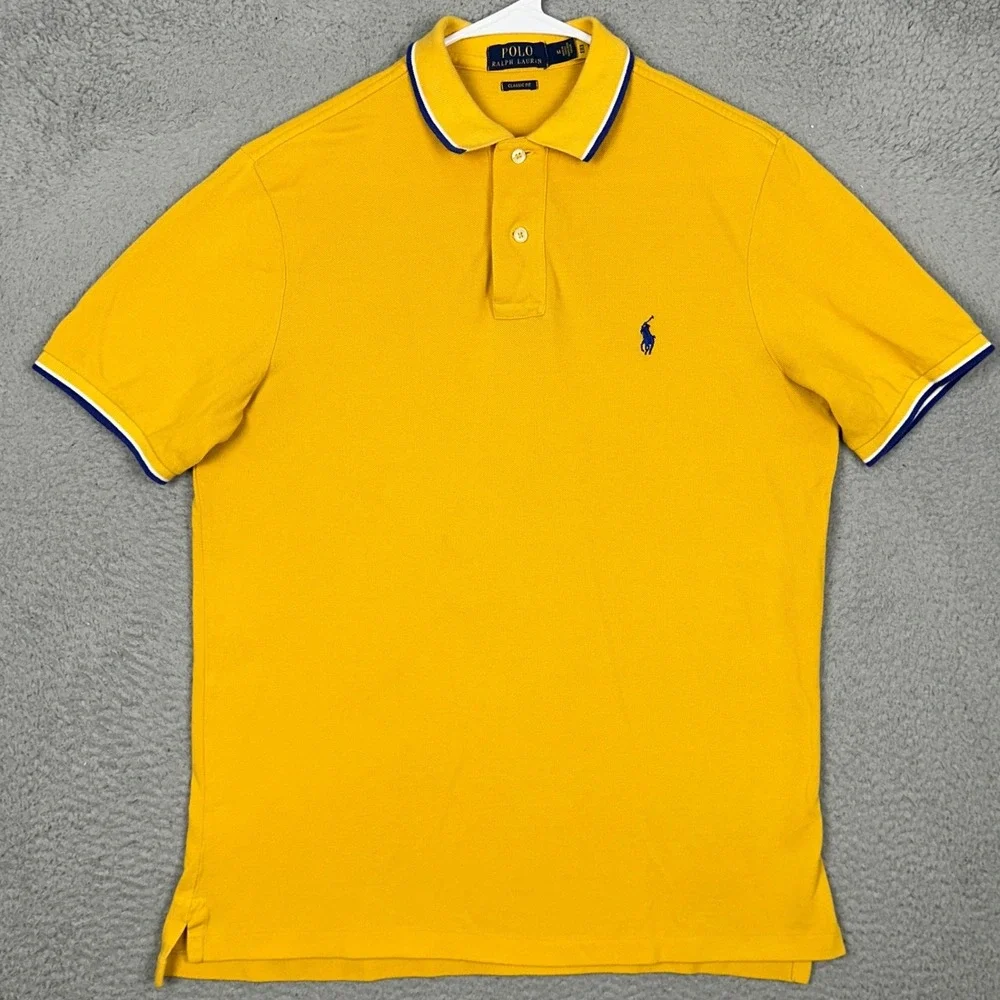 Polo Ralph Lauren Polo Shirt Mens Medium Classic Fit Yellow Tipped Trim Rugby